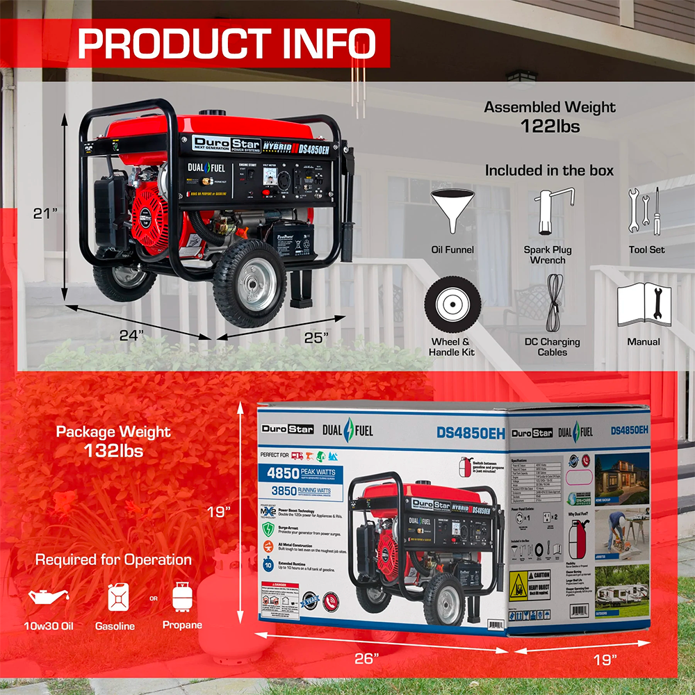 DS4850EH generator dimensions and box contents